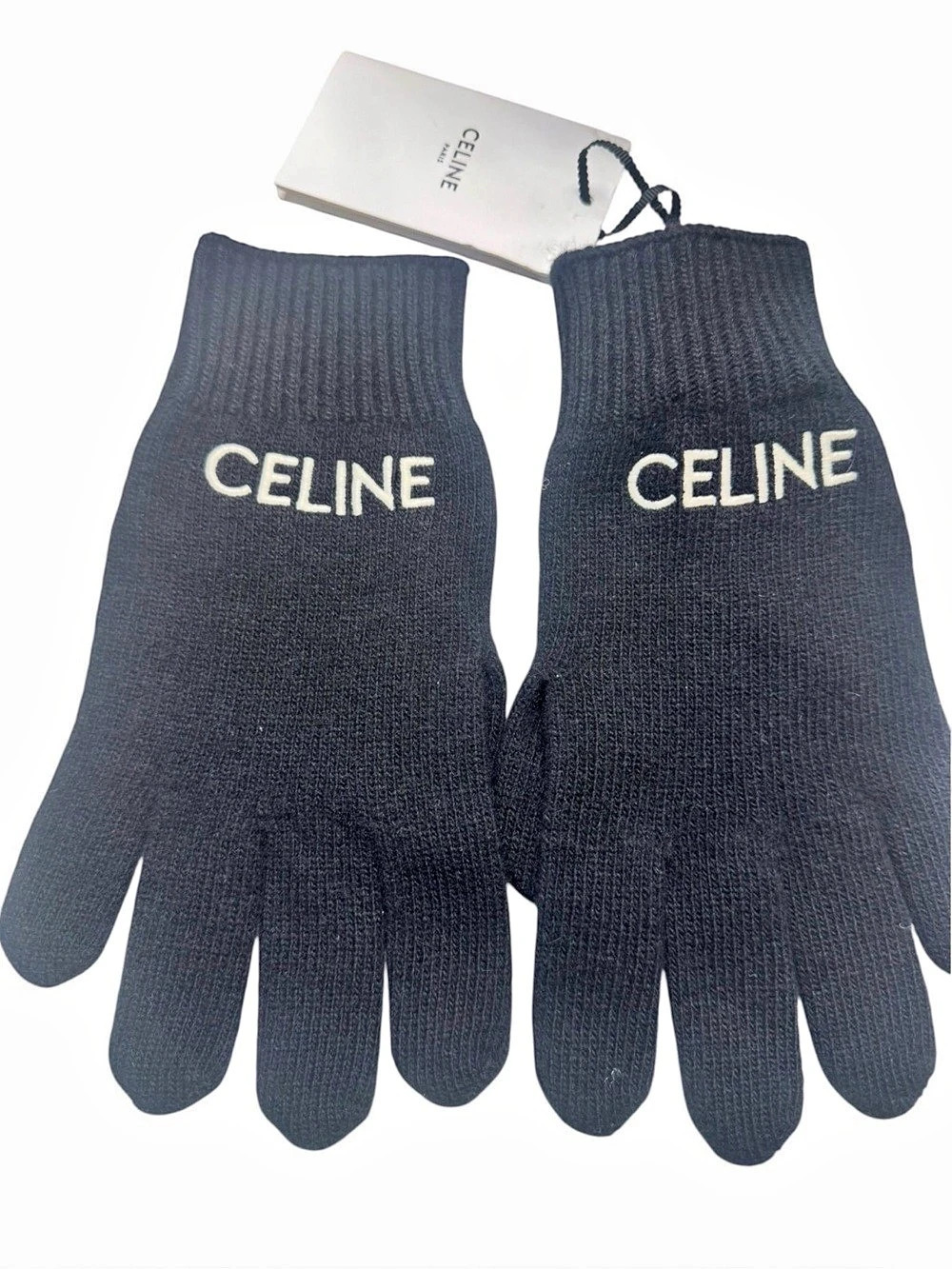 Celine Logo Wool Gloves in Black Size Large NWT